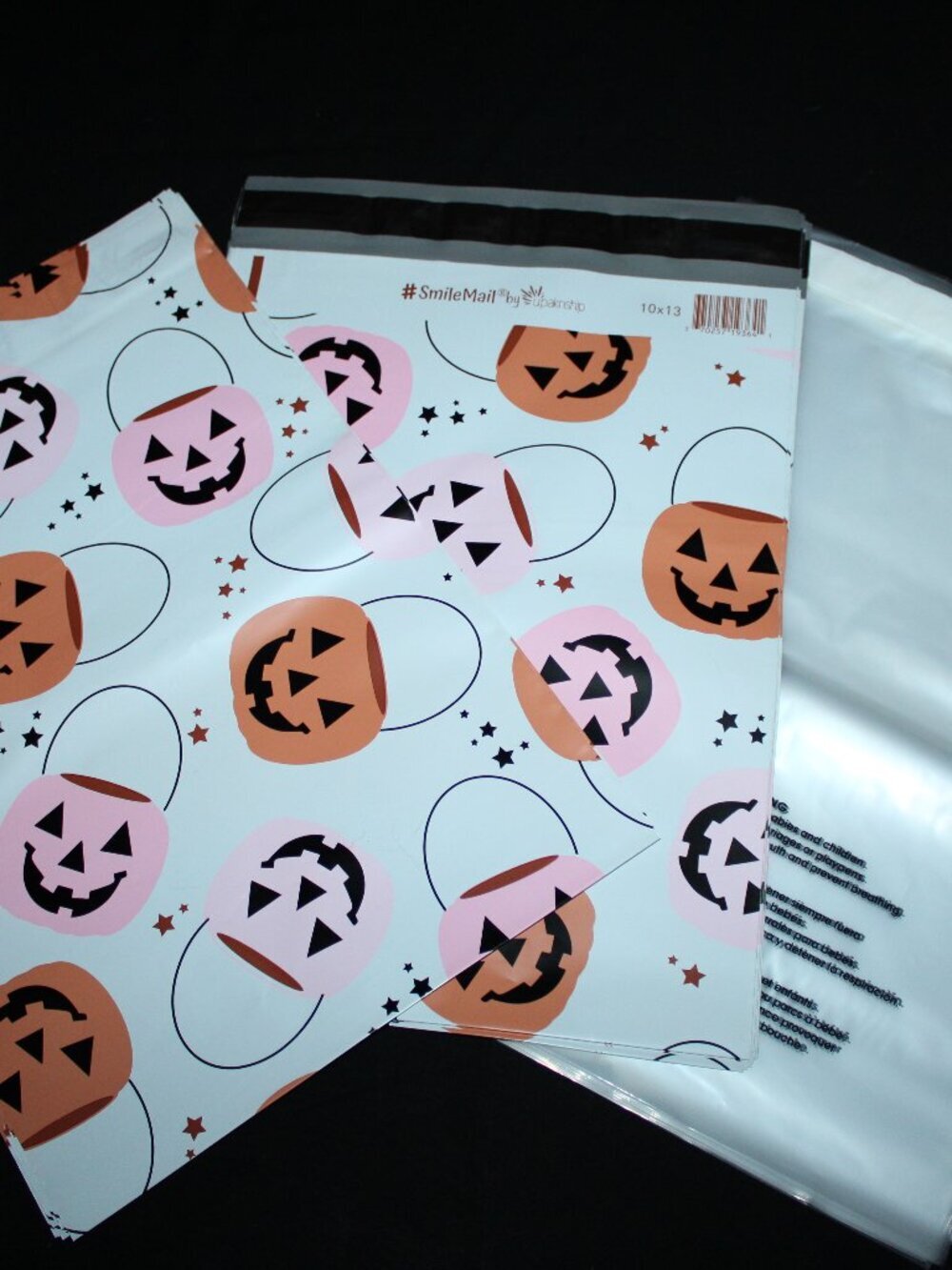 50 pcs - 25 10x13 Halloween Pumpkin Poly Mailers & 25 10x13 Clear Packing Bags